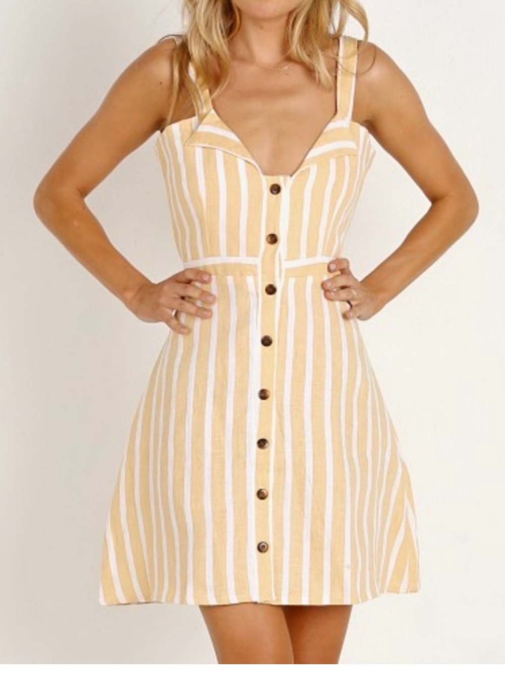 Faithfull the Brand Yellow and White Striped Button-Front Mini Dress